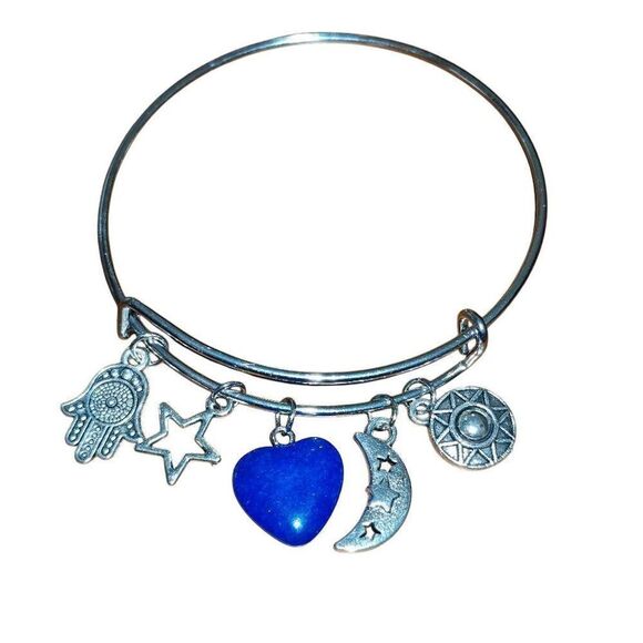 Silver Boho Natural Stone Heart Charm Adjustable Bangle Bracelet - Picture 1 of 3